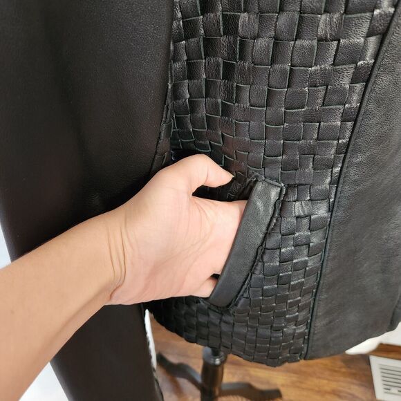 Kasper Vintage Womens Large Black 90s Genuine Leather Jacket Waffle Woven Moto - Picture 3 of 11